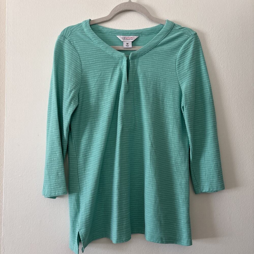 Liz Claiborne LizSport M 3/4 Sleeve Green V-Neck Textured Henley Knit Shirt Top